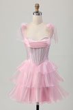 Sparkly Pink Straps Bow Corset Tiered Beaded Homecoming Dress