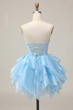Blue Tiered Corset A Line Strapless Homecoming Dress with Lace Up Back