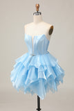 Blue Tiered Corset A Line Strapless Homecoming Dress with Lace Up Back