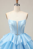 Blue Tiered Corset A Line Strapless Homecoming Dress with Lace Up Back