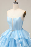 Blue Tiered Corset A Line Strapless Homecoming Dress with Lace Up Back