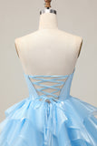 Blue Tiered Corset A Line Strapless Homecoming Dress with Lace Up Back