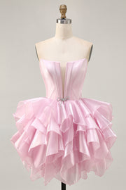 Strapless Corset Tiered A Line Pink Homecoming Dress with Lace Up Back