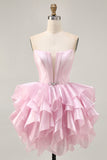 Blue Tiered Corset A Line Strapless Homecoming Dress with Lace Up Back
