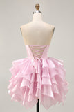 Blue Tiered Corset A Line Strapless Homecoming Dress with Lace Up Back