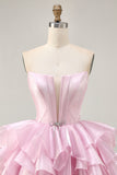 Blue Tiered Corset A Line Strapless Homecoming Dress with Lace Up Back