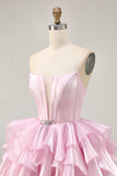 Blue Tiered Corset A Line Strapless Homecoming Dress with Lace Up Back