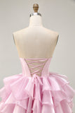Blue Tiered Corset A Line Strapless Homecoming Dress with Lace Up Back