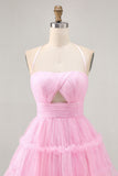 Glitter Halter Cut Out Pink Ruffled A-Line Homecoming Dress