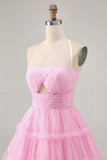 Glitter Halter Cut Out Pink Ruffled A-Line Homecoming Dress