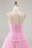 Glitter Halter Cut Out Pink Ruffled A-Line Homecoming Dress