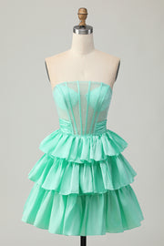 Green A-line Strapless Tiered Corset Beaded Short Homecoming Dress with Bow