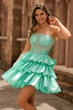 Strapless Red A Line Tiered Corset Beaded Short Homecoming Dress with Bow