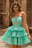 Strapless Red A Line Tiered Corset Beaded Short Homecoming Dress with Bow