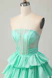 Green A-line Strapless Tiered Corset Beaded Short Homecoming Dress with Bow