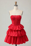 Red Strapless A-line Tiered Corset Beaded Short Homecoming Dress with Bow