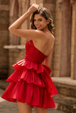 Strapless Red A Line Tiered Corset Beaded Short Homecoming Dress with Bow