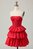 Green A-line Strapless Tiered Corset Beaded Short Homecoming Dress with Bow