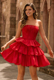 Strapless Red A Line Tiered Corset Beaded Short Homecoming Dress with Bow