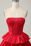 Green A-line Strapless Tiered Corset Beaded Short Homecoming Dress with Bow