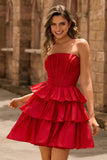 Strapless Red A Line Tiered Corset Beaded Short Homecoming Dress with Bow