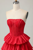 Green A-line Strapless Tiered Corset Beaded Short Homecoming Dress with Bow