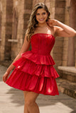 Strapless Red A Line Tiered Corset Beaded Short Homecoming Dress with Bow