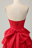 Green A-line Strapless Tiered Corset Beaded Short Homecoming Dress with Bow