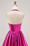 Metallic Fuchsia Halter Pleated Homecoming Dress