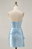 Blue Beaded Corset Tight Cut Out Satin Homecoming Dress with Streamer