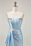 Blue Beaded Corset Tight Cut Out Satin Homecoming Dress with Streamer