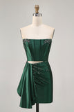 Blue Beaded Corset Tight Cut Out Satin Homecoming Dress with Streamer