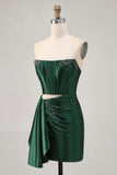 Blue Beaded Corset Tight Cut Out Satin Homecoming Dress with Streamer