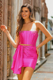 Fuchsia Strapless Corset Beaded Tight Homecoming Dress with Streamer