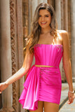 Fuchsia Strapless Corset Beaded Tight Homecoming Dress with Streamer
