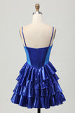 Metallic A Line Tiered Corset Short Homecoming Dress with Bows