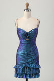 Metallic Blue Purple Bodycon Cut Out Ruffled Homecoming Dress