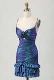 Metallic Blue Purple Bodycon Cut Out Ruffled Homecoming Dress