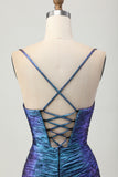 Metallic Blue Purple Bodycon Cut Out Ruffled Homecoming Dress