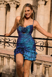 Blue Purple Ruched Cut Out Ruffled Metallic Homecoming Dress