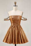 Metallic A-Line Off The Shoulder Beaded Ruched Golden Homecoming Dress