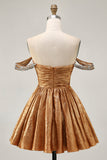 Metallic A-Line Off The Shoulder Beaded Ruched Golden Homecoming Dress