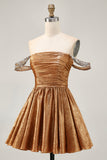 Metallic A-Line Off The Shoulder Beaded Ruched Golden Homecoming Dress