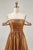 Metallic A-Line Off The Shoulder Beaded Ruched Golden Homecoming Dress