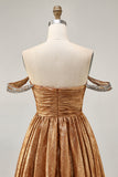 Metallic A-Line Off The Shoulder Beaded Ruched Golden Homecoming Dress