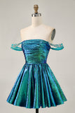 Metallic A-Line Off The Shoulder Beaded Ruched Golden Homecoming Dress