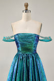 Metallic A-Line Off The Shoulder Beaded Ruched Golden Homecoming Dress