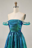 Metallic A-Line Off The Shoulder Beaded Ruched Golden Homecoming Dress