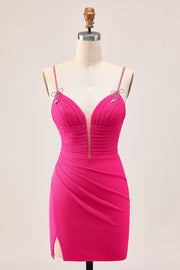 Fuchsia Bodycon Ruched Homecoming Dress with Slit