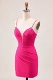 Fuchsia Bodycon Ruched Homecoming Dress with Slit